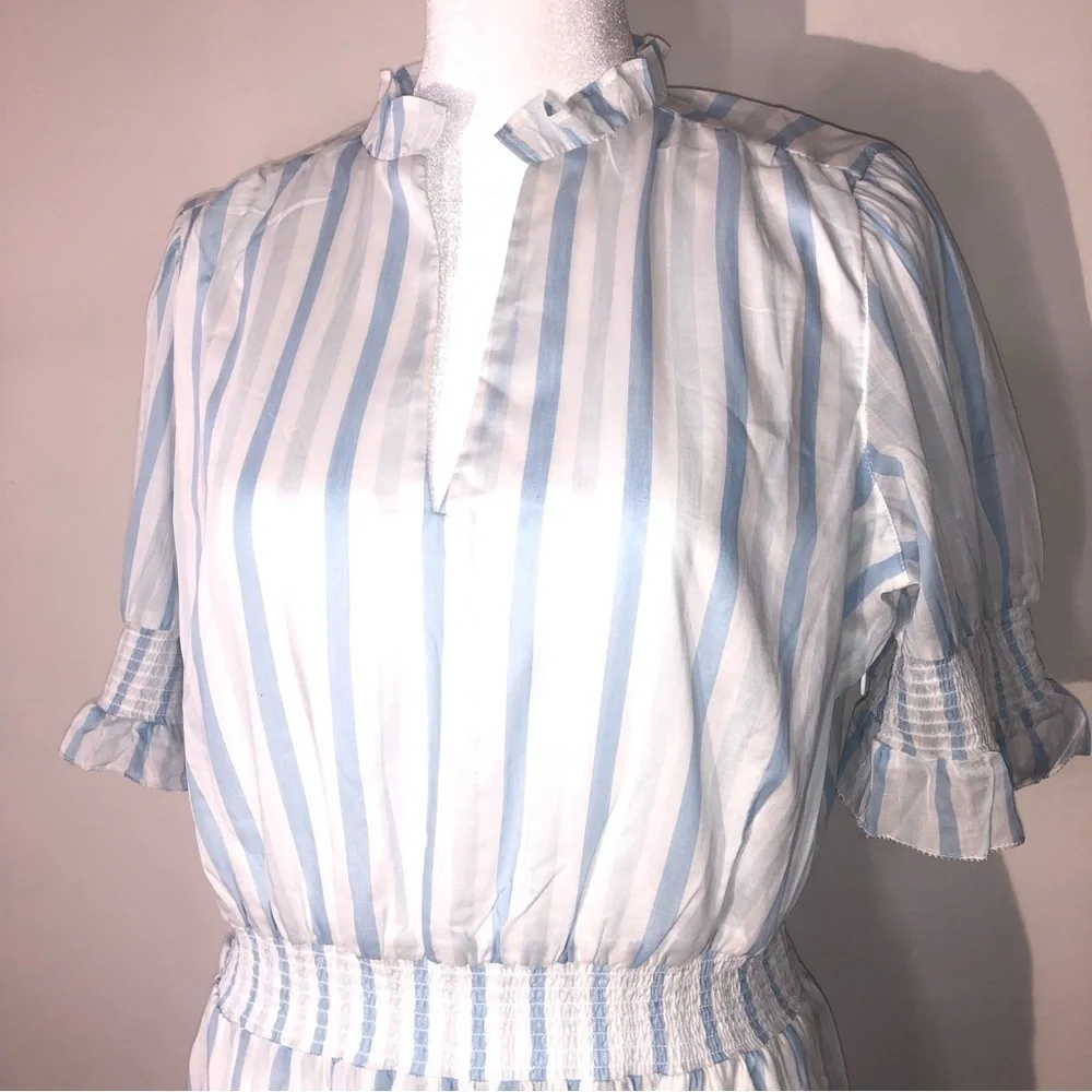 NWT J.Crew Women Blue/White Stripes Midi Dress with Puff Sleeve short. Size S